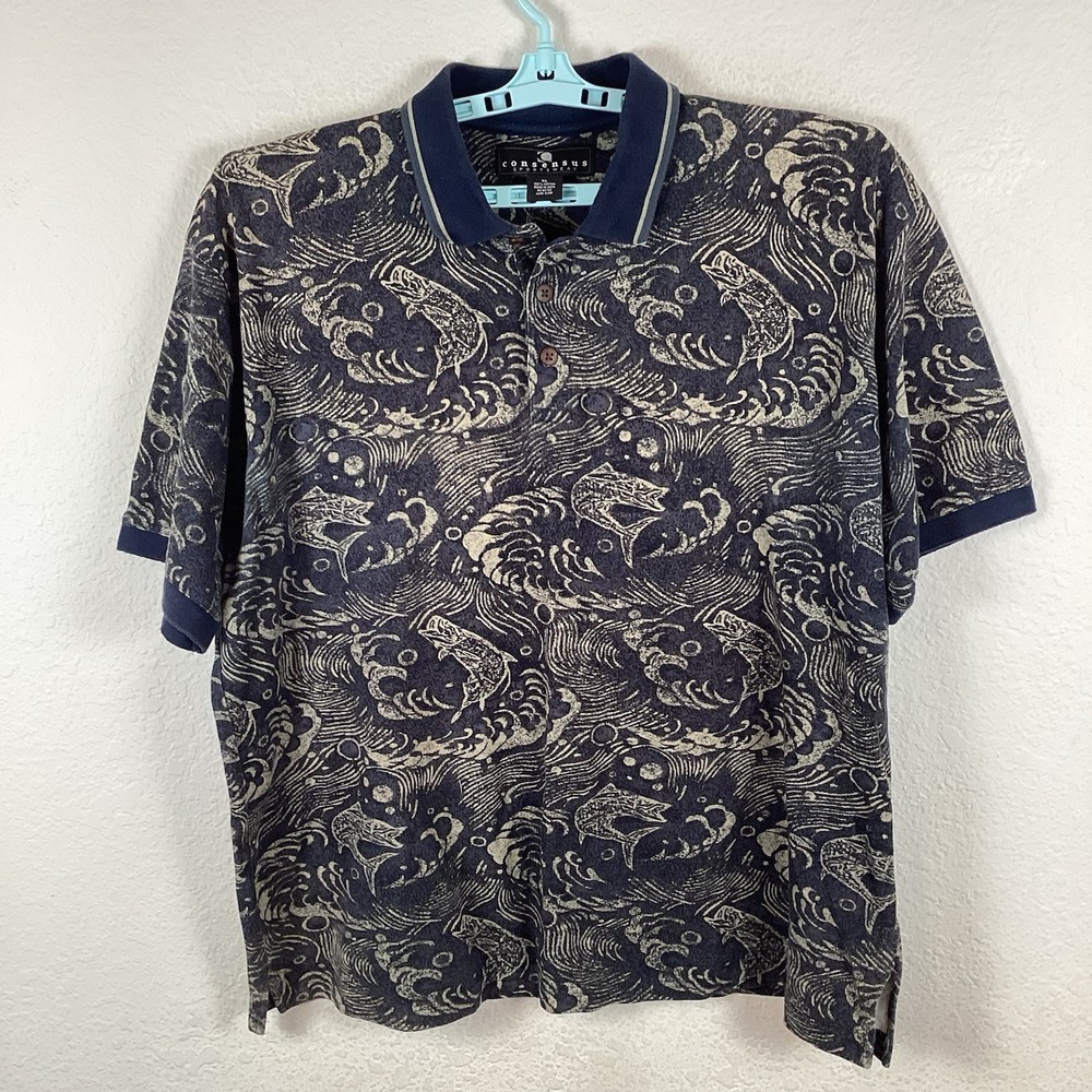 Consensus Mens Polo Sz XL Short Sleeve Fishing Fish Sport Comfort Excellent